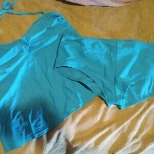 Catalina Turquoise Ruched Tie-Neck Tankini W/ Bottoms - Size XL & 2X